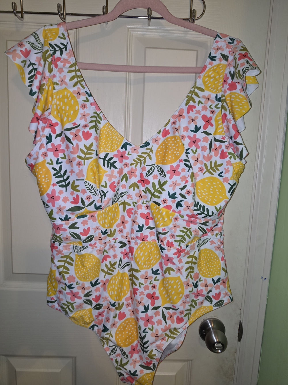 Chic Soul White One-Piece Swimsuit with Yellow Lemon & Pink Floral Pattern